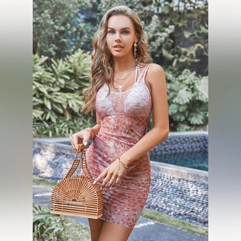 Pink Leopard Mesh Tulle Ruched Sides Tank Sheer Cover-Up Mini Dress